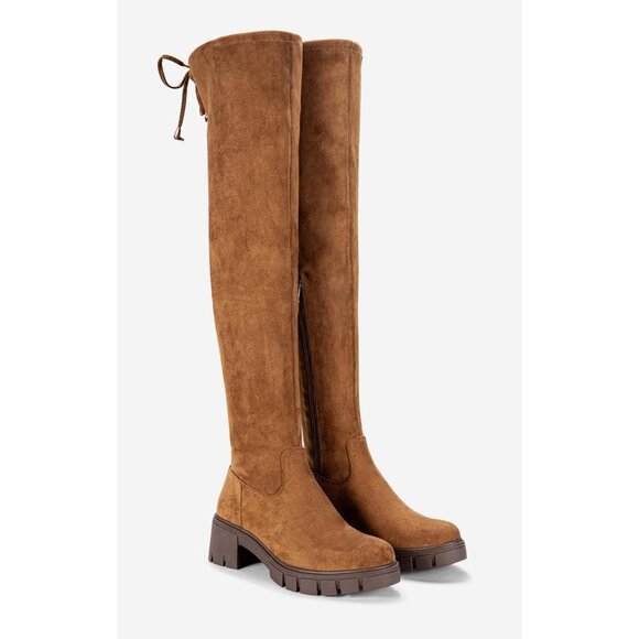 Women's Platform Boots-990-camel Over The Knee Thigh High Round Toe Long Boot - Picture 4 of 8